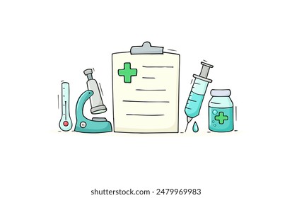 Objetos de caricatura con lista de revisiones médicas. Doodle Ilustración vectorial sobre la medicina aislado sobre fondo blanco.