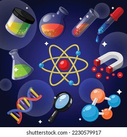 Cartoon science vector graphics with magnet, chemistry flask, DNA, atom, molecule, test tube, magnifying glass and dropper icons on dark blue background with stars.