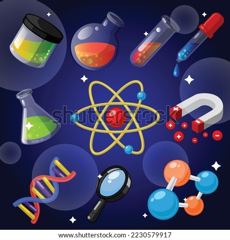 Cartoon science vector graphics with magnet, chemistry flask, DNA, atom, molecule, test tube, magnifying glass and dropper icons on dark blue background with stars.