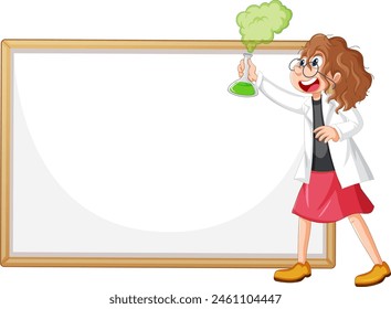 Cartoon scientist with beaker near blank board.