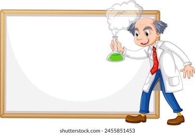 Cartoon scientist with beaker and steaming liquid