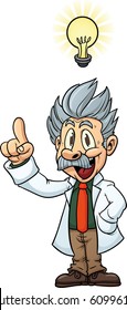 Cartoon scientist with a brilliant idea. Vector illustration with simple gradients. Character and "shine" effect on separate layers for easy editing.