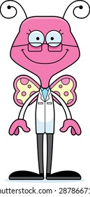 A cartoon scientist butterfly smiling.
