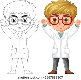Cartoon scientist character with glasses and lab coat