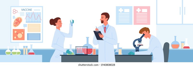 Cartoon scientist characters develop vaccine for coronavirus, holding lab analysis in test tube. People work in vaccine development science laboratory vector illustration.