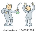 Cartoon scientist characters. Isolated vector illustration of chemical research laboratory. Outline drawing of researcher, professor of university. Flat people in college, chemistry or medicine man.