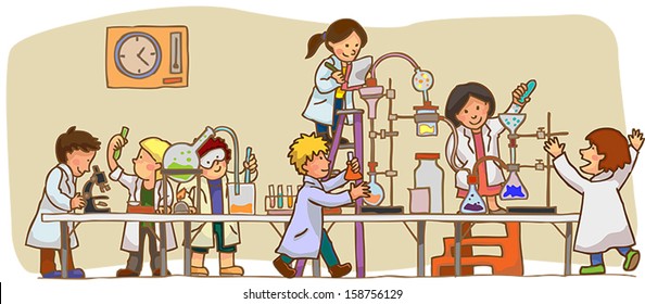 Cartoon scientist children kid are studying and working on chemistry science experiment in laboratory, create by vector for education concept.