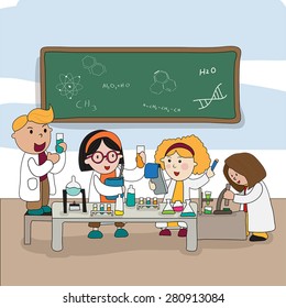 Cartoon scientist children kid are studying and working on chemistry science experiment in laboratory, create by vector for education concept.