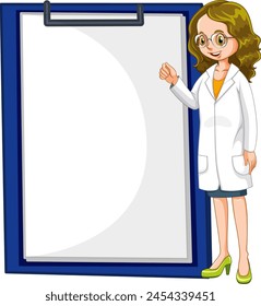 Cartoon scientist with clipboard pointing and explaining.