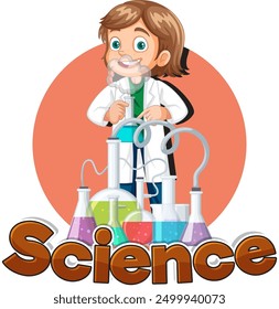 Cartoon scientist conducting experiments in a lab