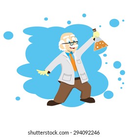 Cartoon scientist (doctor, professor) with a flask. Vector illustration. Science for kids.