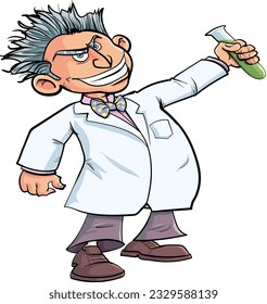 Cartoon scientist with an evil grin holding a test tube of green liquid