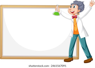 Cartoon scientist with flask by a blank board