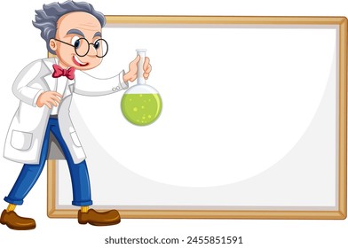 Cartoon scientist with flask near a blank whiteboard.