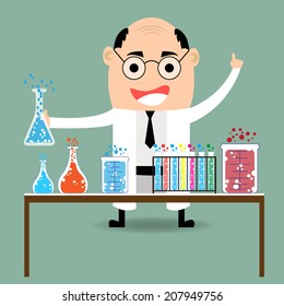 cartoon scientist with glassware 