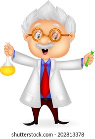 Cartoon scientist holding chemical flask