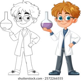 A cartoon scientist holding a purple beaker