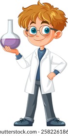 Cartoon scientist holding a purple liquid-filled beaker