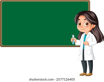 Cartoon scientist holding test tube near chalkboard