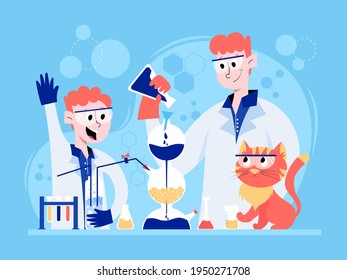 Cartoon scientist and kid student doing chemistry experiment with Kipp apparatus in lab. Chemistry lesson for children. Teacher conducts a lesson in chemistry laboratory. Fun cat wants to drop flask
