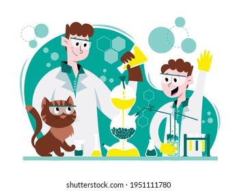 Cartoon scientist and kid student doing chemistry experiment with Kipp apparatus in lab. Chemistry lesson for children. Teacher conducts a lesson in chemistry laboratory. Fun cat wants to drop flask
