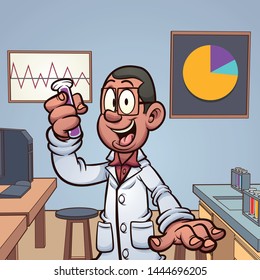 Cartoon scientist in the laboratory holding a test tube clipart. Vector illustration with simple gradients.Some elements on separate layers. 
