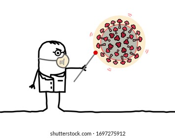Cartoon scientist man with mask showing a Covid Virus