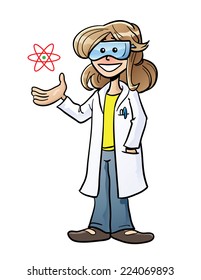 Cartoon scientist with open plan, showing an atom