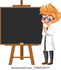 Cartoon scientist pointing at a blank chalkboard