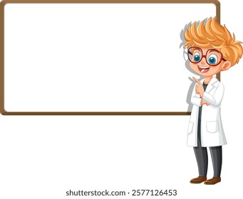 Cartoon scientist pointing at a blank whiteboard