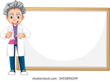 Cartoon scientist presenting with a large empty board.