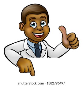 A cartoon scientist professor or doctor wearing lab white coat peeking above sign pointing and giving a thumbs up