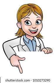 A cartoon scientist professor wearing lab white coat peeking above sign and pointing at it