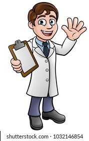 A cartoon scientist professor wearing lab white coat waving and holding a clipboard