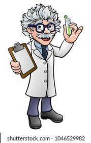 A cartoon scientist professor wearing lab white coat holding a test tube and clipboard