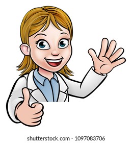 A cartoon scientist professor wearing lab white coat waving above sign and giving a thumbs up