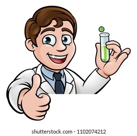 A cartoon scientist professor wearing lab white coat peeking above sign with a test tube and giving a thumbs up