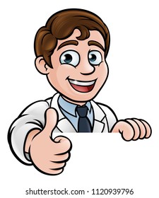 A cartoon scientist professor wearing lab white coat peeking above sign and giving a thumbs up