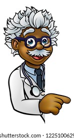 A cartoon scientist professor wearing lab white coat peeking around sign and pointing at it