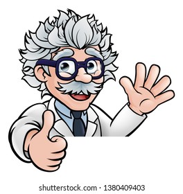 A cartoon scientist professor wearing lab white coat waving above sign and giving a thumbs up