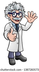 A cartoon scientist professor wearing lab white coat waving and giving a thumbs up