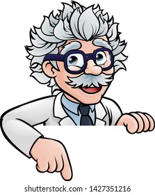 A cartoon scientist professor wearing lab white coat peeking above sign and pointing at it