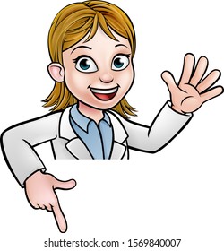 A cartoon scientist professor wearing lab white coat waving above sign and pointing at it
