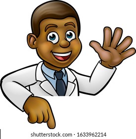 A cartoon scientist professor wearing lab white coat waving above sign and pointing at it