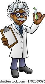 A cartoon scientist professor wearing lab white coat holding a test tube and clipboard