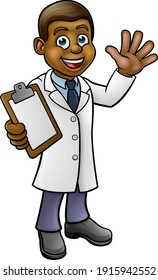 A cartoon scientist professor wearing lab white coat waving and holding a clipboard