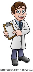 A cartoon scientist professor wearing lab white coat holding a clipboard and pointing at it