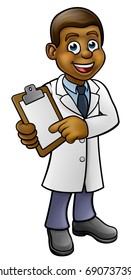 A cartoon scientist professor wearing lab white coat holding a clipboard and pointing at it