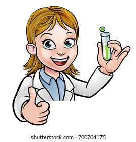 A cartoon scientist professor wearing lab white coat peeking above sign with a test tube and giving a thumbs up