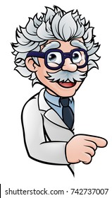 A Cartoon Scientist Professor Wearing Lab White Coat Peeking Around Sign And Pointing At It